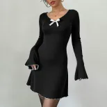 Elegant Black and White Color Block Knit Dress Flared Sleeves Slim Fit A Line Silhouette Perfect