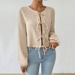 Elegant Womens T Shirt Loose Fit Short Length Tie Front Design Autumn Winter Casual Wear Wholesa
