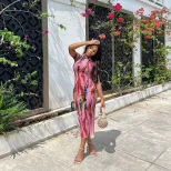 Sleeveless High Neck Bodycon Dress Fashionable Floral Print Mid Length Slim Fit Summer Casual We