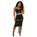 Summer Womens Dress Solid Color Ruffled Sexy Hollow Back Strapless Bodycon Style Perfect for Par