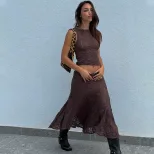 Summer Womens Two Piece Set Stylish Casual Design Round Neck Short Crop Top and Skirt Perfect fo