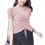 Womens V Neck Knitted T Shirt Short Sleeve Slim Fit Solid Color Summer Casual Wear