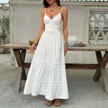 White Lace Trim Maxi Dress Simple Elegant Vacation Style Perfect for Summer Events OEM Available
