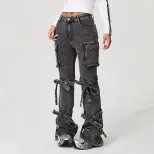 Womens Straight Leg Denim Cargo Pants Mid Rise Large Pockets Casual Style Wholesale Available