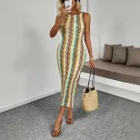 Sleeveless Striped Color Block Bodycon Dress Round Neck Ethnic Style Vacation Wear Wholesale Ava