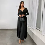 Vintage Deep V Neck Long Sleeve Black Maxi Dress Slim Fit Waist Defining Elegant Style Perfect f