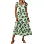 Vintage Inspired Geometric Print Sleeveless Ruffle Dress Unique Design Trendy Style Perfect for
