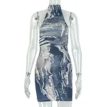 Sleeveless Floral Print Bodycon Dress Sexy Backless Design Color Block Style Trendy for Parties