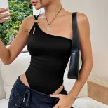Womens One Shoulder Bodysuit Solid Color Metal Accents Hollow Design Sexy Fitted Top for Parties