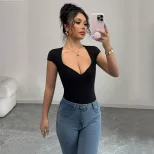 Summer Womens Short Sleeve T Shirt Slim Fit Heart Neckline Solid Color Polyester Fabric Casual W