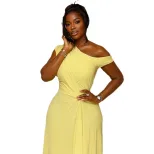 A Line Dress Solid Color Ruffled Design Asymmetrical Neckline Casual Style Perfect for Outings W