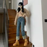 复古毛边烟管牛仔裤女2023春秋季高腰百搭直筒设计感小众九分裤子