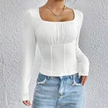 Slim Fit Long Sleeve T Shirt Square Neck Solid Color Casual Style Spring Summer Collection Whole
