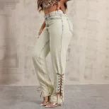 Loose Fit Wide Leg Denim Trousers Tie Decoration Straight Cut Casual Style Wholesale Available