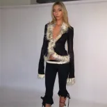 Fashionable Womens Cardigan Long Sleeve Sheer Mesh Cropped Design with Fur Collar Autumn Winter