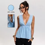 French Style Deep V Neck Sleeveless Top Light Blue Backless Elegant Design Perfect for Spring an