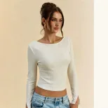 Womens Long Sleeve Knit Top Slim Fit Round Neck Soft Apricot Fabric Casual Wear