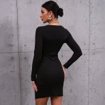 Black V Neck Long Sleeve Bodycon Dress Stylish Slim Fit Versatile for Casual or Formal Occasions