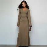Fashionable Loose Fit U Neck Long Sleeve Dress Back Tie Design Autumn Collection Wholesale Avail