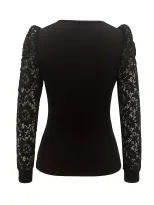 Black Beaded Womens T Shirt Slim Fit Lace Panel Long Sleeve Street Style Casual Wear Ready to Sh