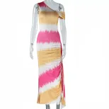 Sleeveless Asymmetrical Shoulder Dress Fashionable Print Mid Length Irregular Hem Autumn Wear Wh