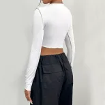 Womens Hollow Out Tie Front Crop Top Round Neck Ribbed Fabric Long Sleeve Versatile Style Autumn