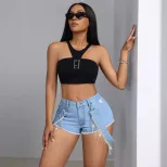 Frayed Denim Shorts Slim Fit Tassel Tie High Waist Casual Summer Wear Wholesale Available custom