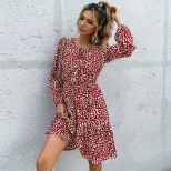 Burgundy Floral Print Long Sleeve Dress for Women Round Neck A Line Silhouette Casual Wear