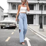 High Waisted Wide Leg Jeans Vintage Style Distressed Design Loose Fit Casual Wear for Women Whol
