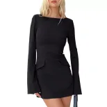 Black Bell Sleeve Mini Dress Slim Fit Open Back Pocket Decor Casual Office Wear Wholesale Availa