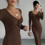 Brown V Neck Midi Dress for Women Twist Front Design Slim Fit Three Quarter Sleeves Spring and A