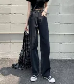 跨境牛仔裤女2023春季新款韩版百搭复古设计感高腰宽松阔腿直筒裤