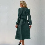 Fashionable Womens Long Sleeve Dress V Neck Single Breasted Elegant Design Autumn Wear Wholesale