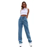 High Waisted Straight Leg Jeans Floor Length Slim Fit Comfortable Denim Casual Wear for Women Wh