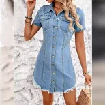 Vintage Denim Dress Slim Fit Short Sleeve Waist Cinching Design Perfect for Casual Outings Whole