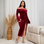 Elegant Midi Dress Sexy Celebrity Style Wine Red Color Spring Summer Collection Wholesale Availa