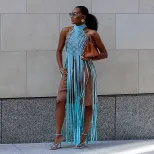 Womens Sheer Mesh Tank Top Halter Neckline Fringe Detail Summer Fashion
