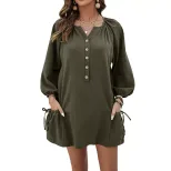 Casual Long Sleeve Dress Button V Neck Loose Fit Solid Color Minimalist Style for Everyday Wear
