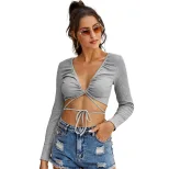 Casual Womens T Shirt Slim Fit Sexy V Neck Drawstring Design Trendy Everyday Wear Wholesale Avai