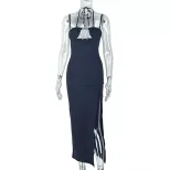 Bodycon Halter Dress Solid Color Asymmetrical Hem High Slit Chic Evening Wear for Women Wholesal