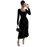 Black Velvet Long Dress Square Neck Side Waist Pleats Slim Fit Spring Summer Elegant for Dates a