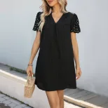 Loose Fit Straight Dress Beaded Detail Fashionable Minimalist Design Black Color for Casual Occa