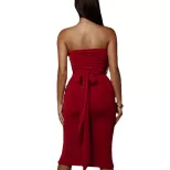 Womens Dress Set Sexy Tie Front Top High Waisted Pleated Skirt Fashionable Outfit for Parties or