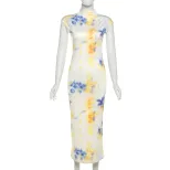 Elegant Floral Color Block Print Bodycon Dress Short Sleeve Half High Neck Spring Summer Fashion