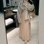 Layered Mesh Maxi Skirt for Women Elastic Waist Casual Spring Summer Wear in Apricot