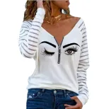Long Sleeve V Neck T Shirt Eye Print Zipper Design Comfortable Fabric Casual Wear for Spring and