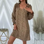 Leopard Print Long Sleeve Dress Loose Fit Ruffle Trim Autumn Fashion Perfect for Casual Outings