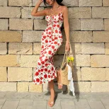 Vintage French Style Floral Print Tie Waist Maxi Dress Slim Fit Sleeveless Beach Vacation Wholes