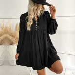 Short Loose V Neck Dress Wrinkled Design Solid Color Minimalist Style Autumn Fashion Wholesale A