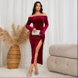 Elegant Midi Dress Sexy Celebrity Style Wine Red Color Spring Summer Collection Wholesale Availa